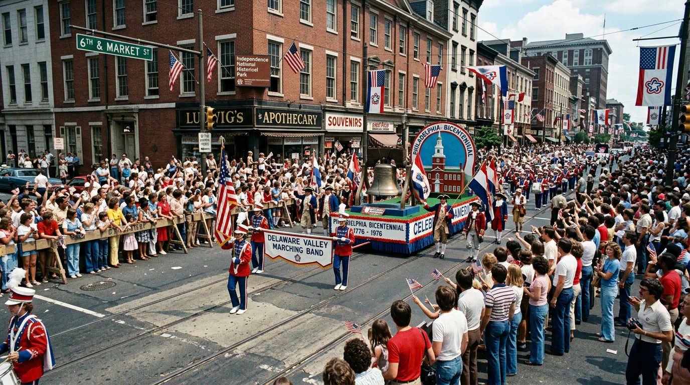 Delaware Valley Marching Band performing in Philadelphia Bicentennial parade with crowd and historic buildings